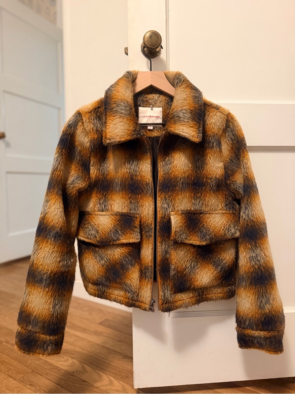 Lucky Brand Plaid Faux-Fur Zip Jacket in Mustard & Black